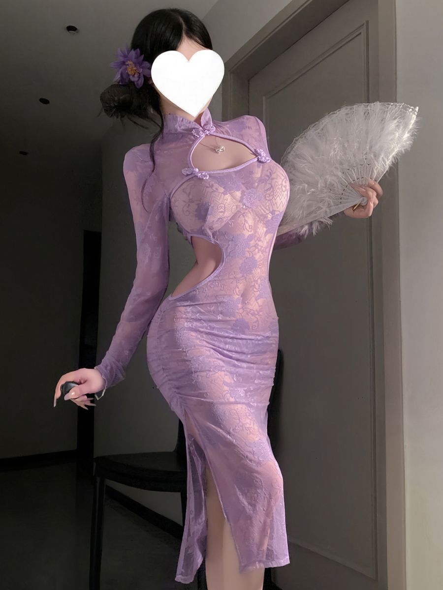 Purple Floral Lace Slit Cheongsam