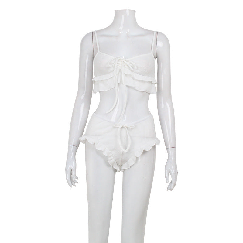 Women's Pure White Suspender Underwear Ruffled Shorts Suit