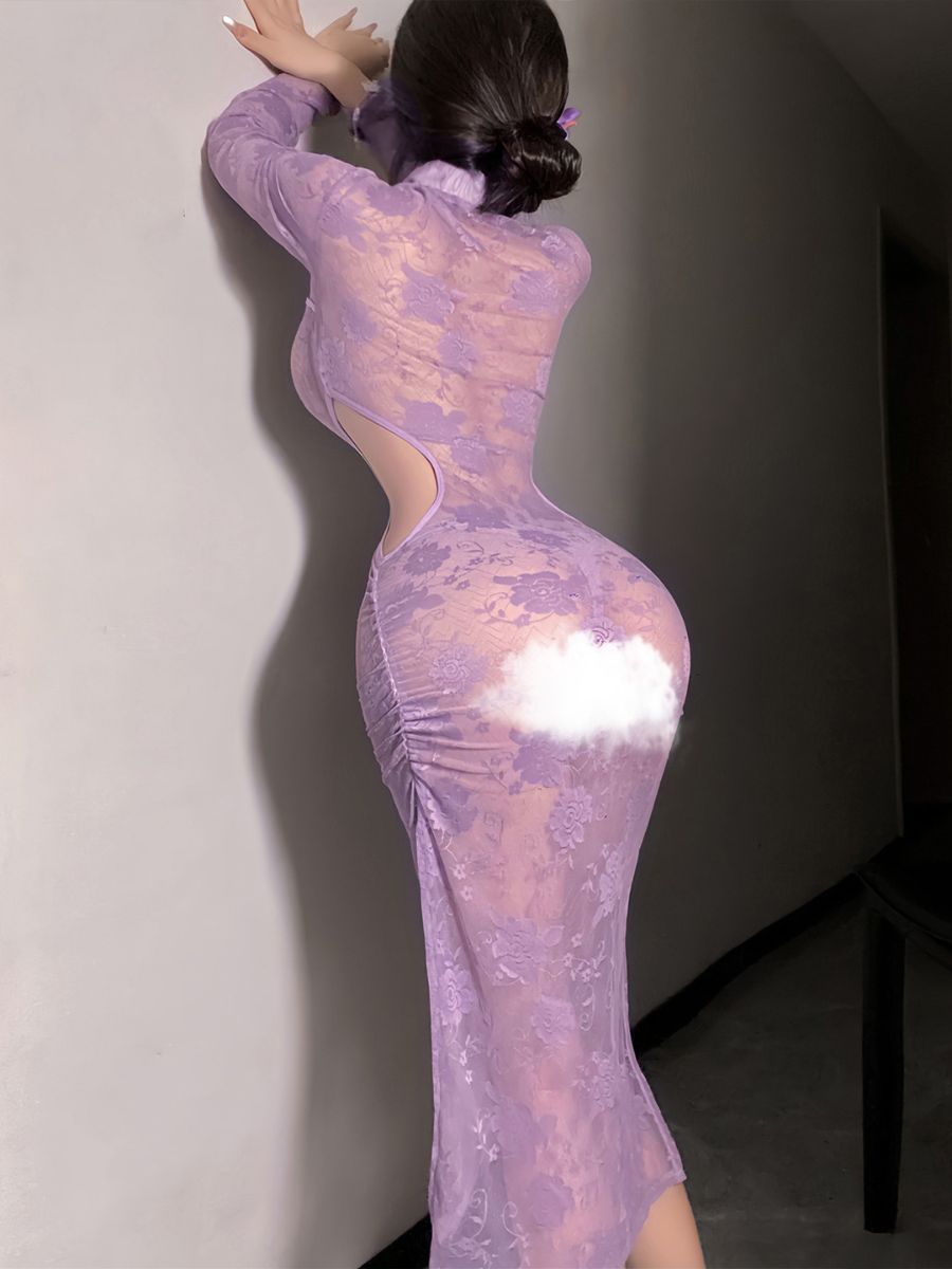 Purple Floral Lace Slit Cheongsam