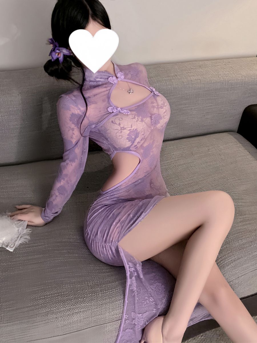 Purple Floral Lace Slit Cheongsam