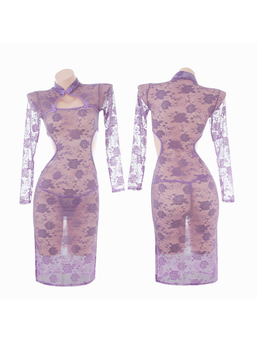 Purple Floral Lace Slit Cheongsam