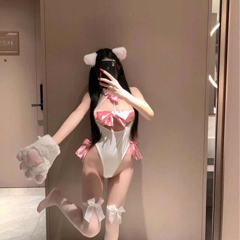 White Pink Bow Cat Girl Bodysuit