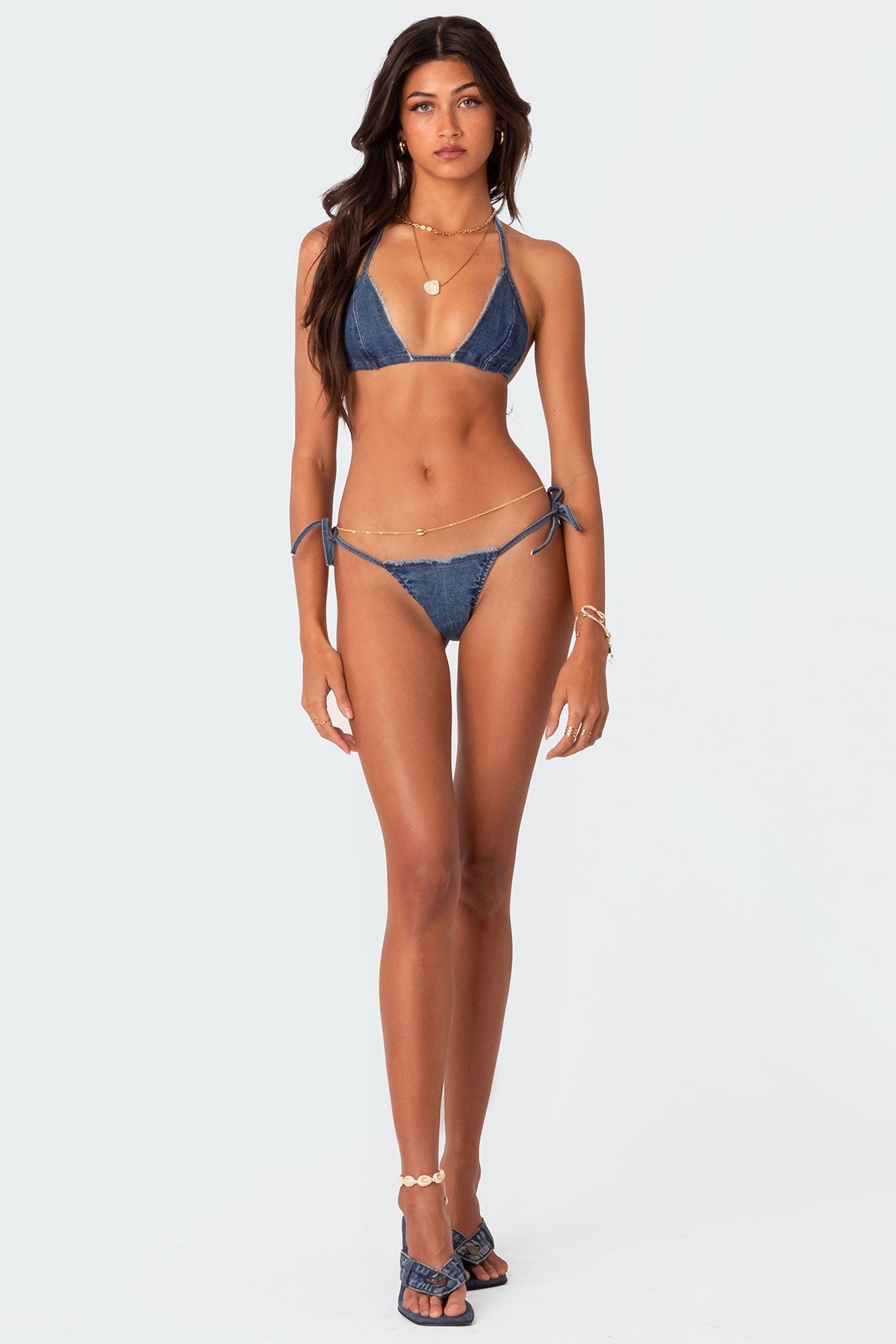 Didi Distressed Denim String Bikini Bottom