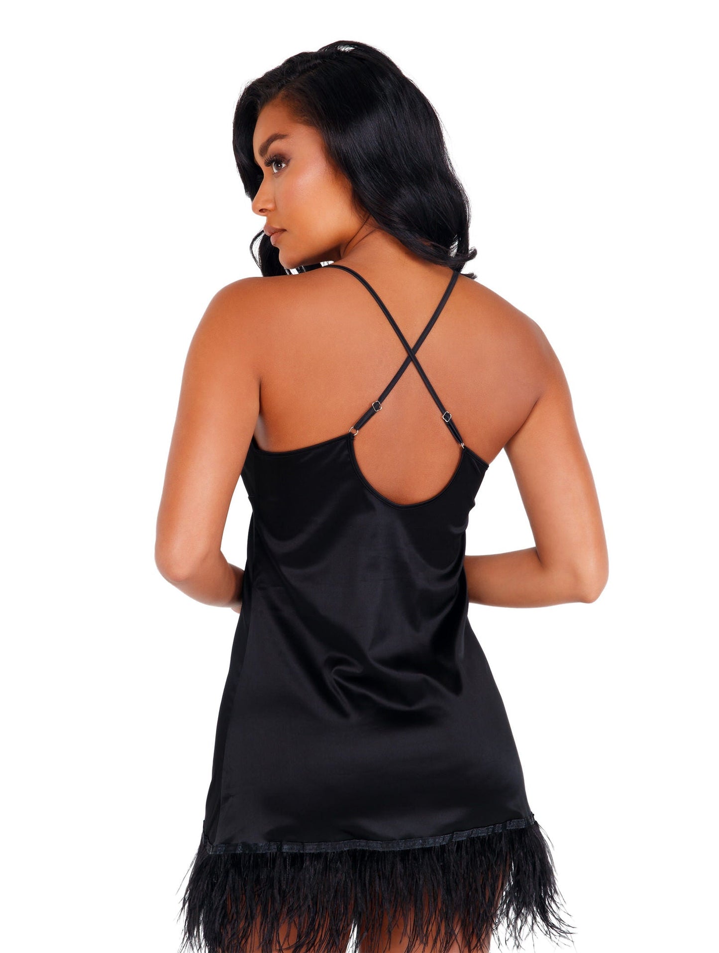 LI400 - Soft Satin Chemise with Ostrich Feathered Trim
