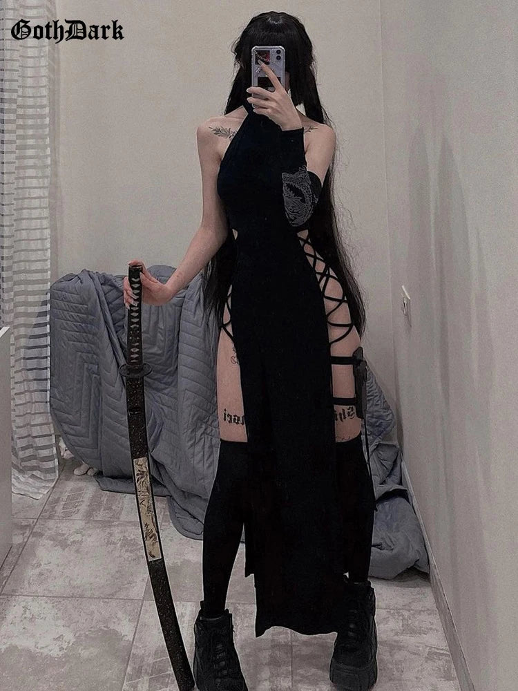 Gothic high split bandage midi dress