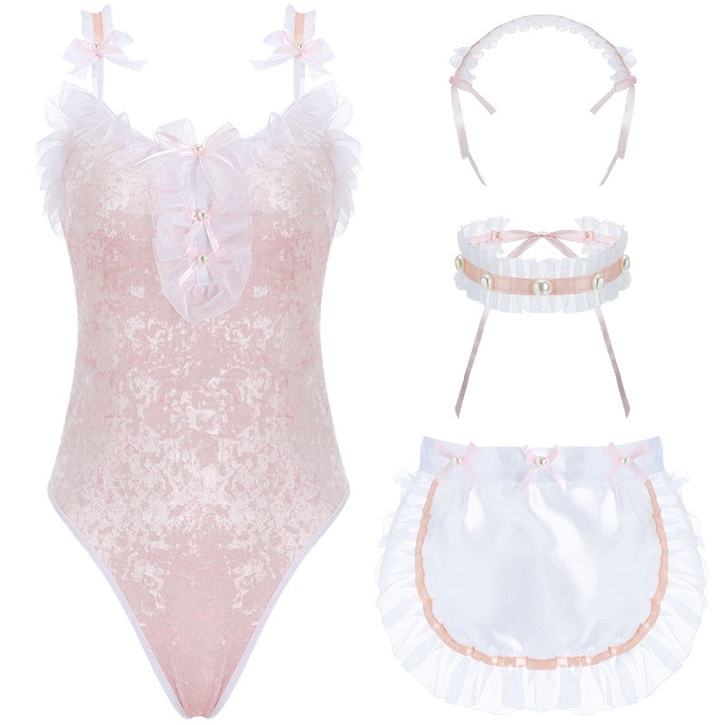 Sexy Anime Lingerie Lace Bodysuit Bib Headband Choker Feather Brush