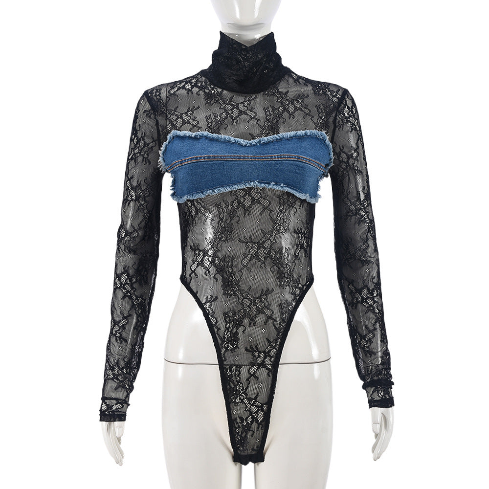 Black Sheer Lace Denim Bodysuit