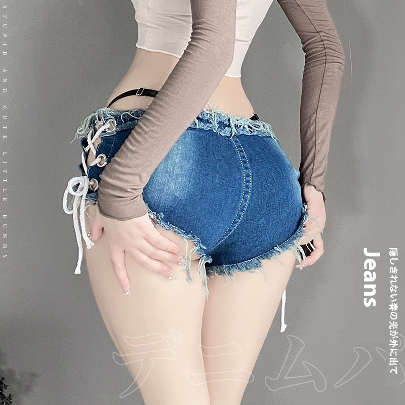 Lace-Up Distressed Denim Micro Shorts