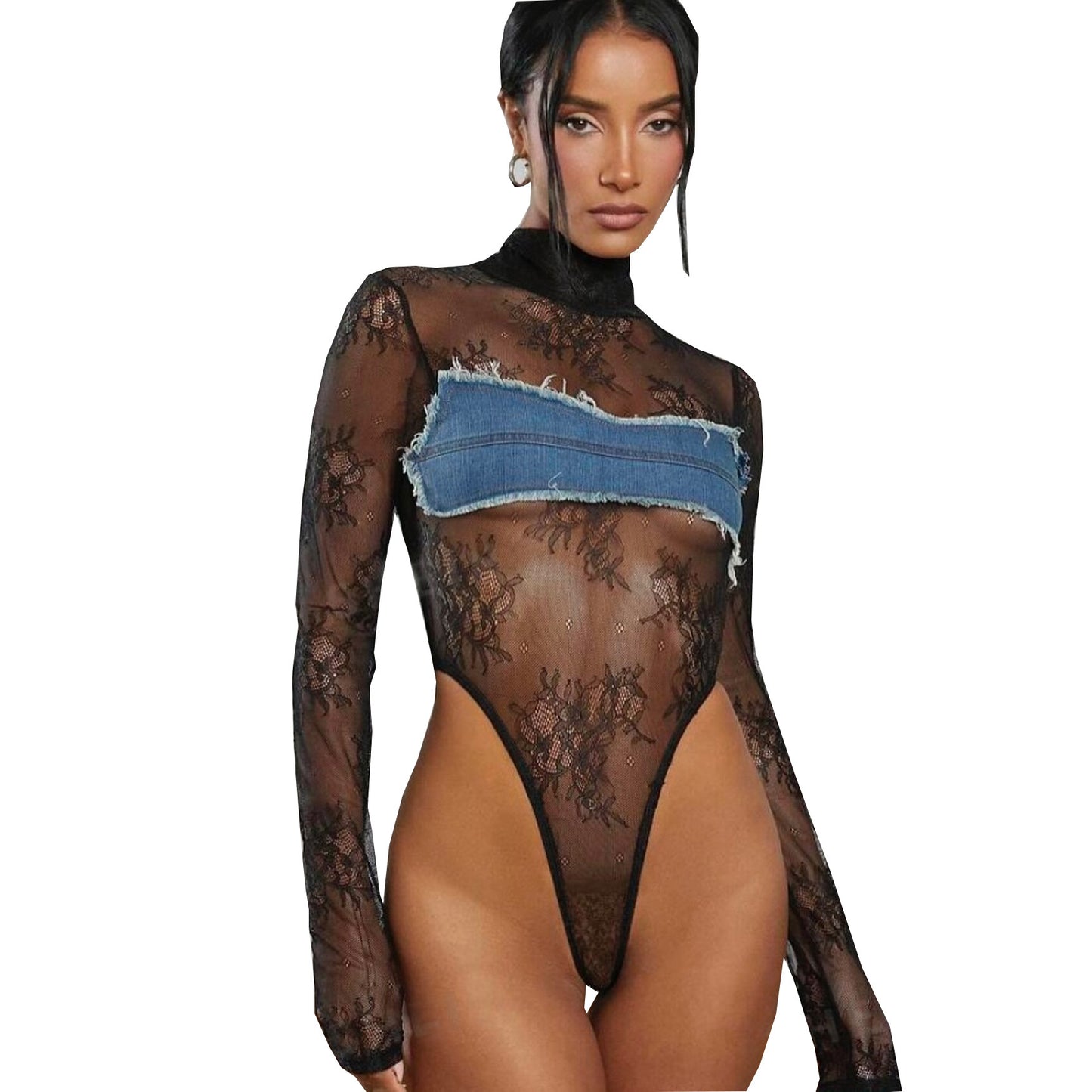 Sexy Long Sleeve Turtleneck See-through Denim Lace Color Matching Jumpsuit