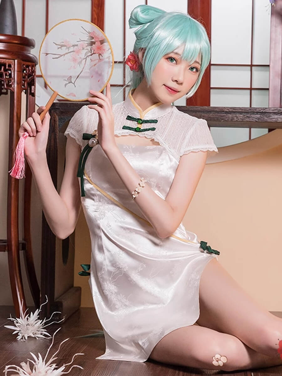 Chinese Cheongsam Dress White Side Slit Tradition Anime Cosplay Costume
