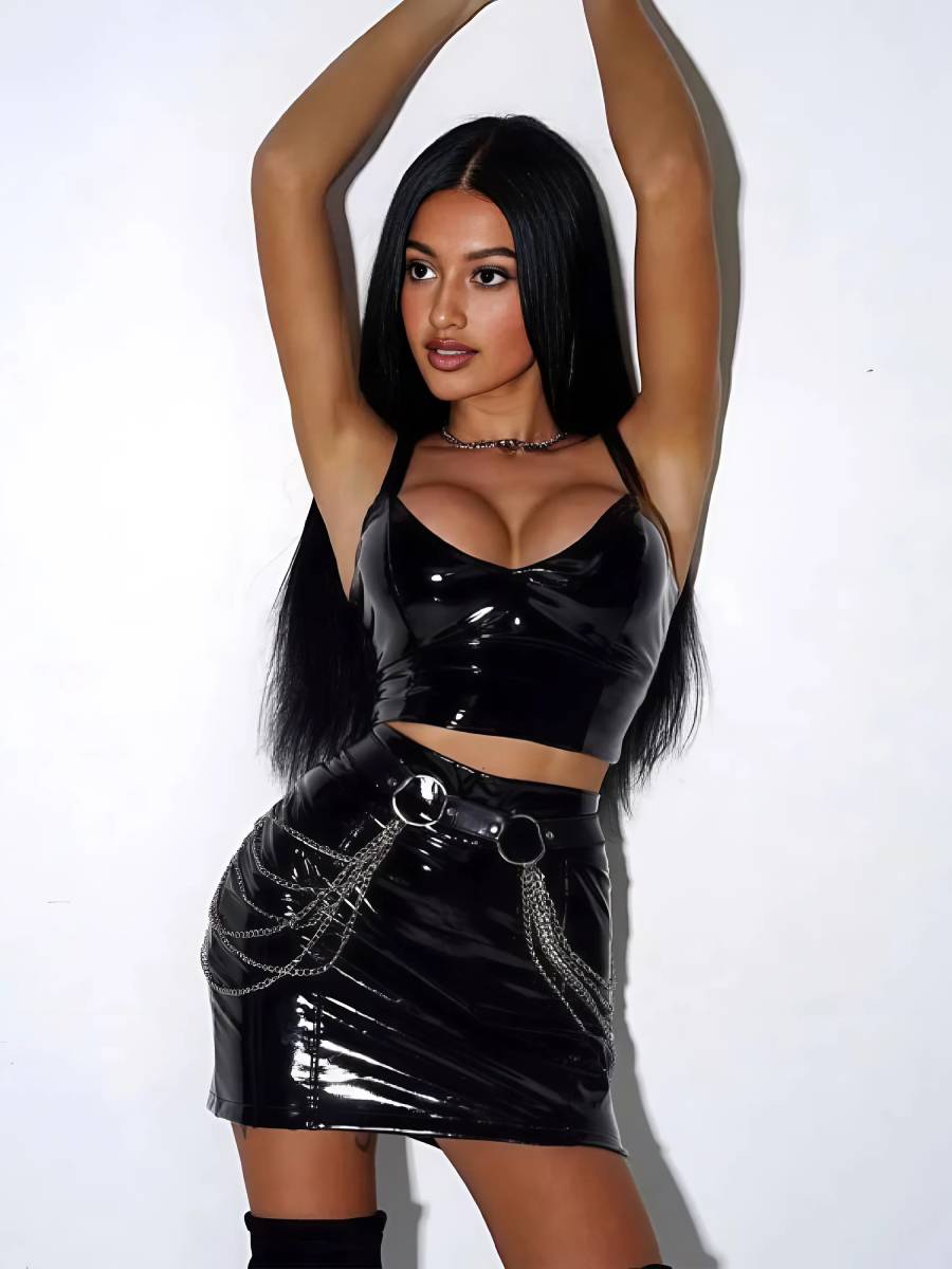 Black Faux Leather & Chains Clubwear Set