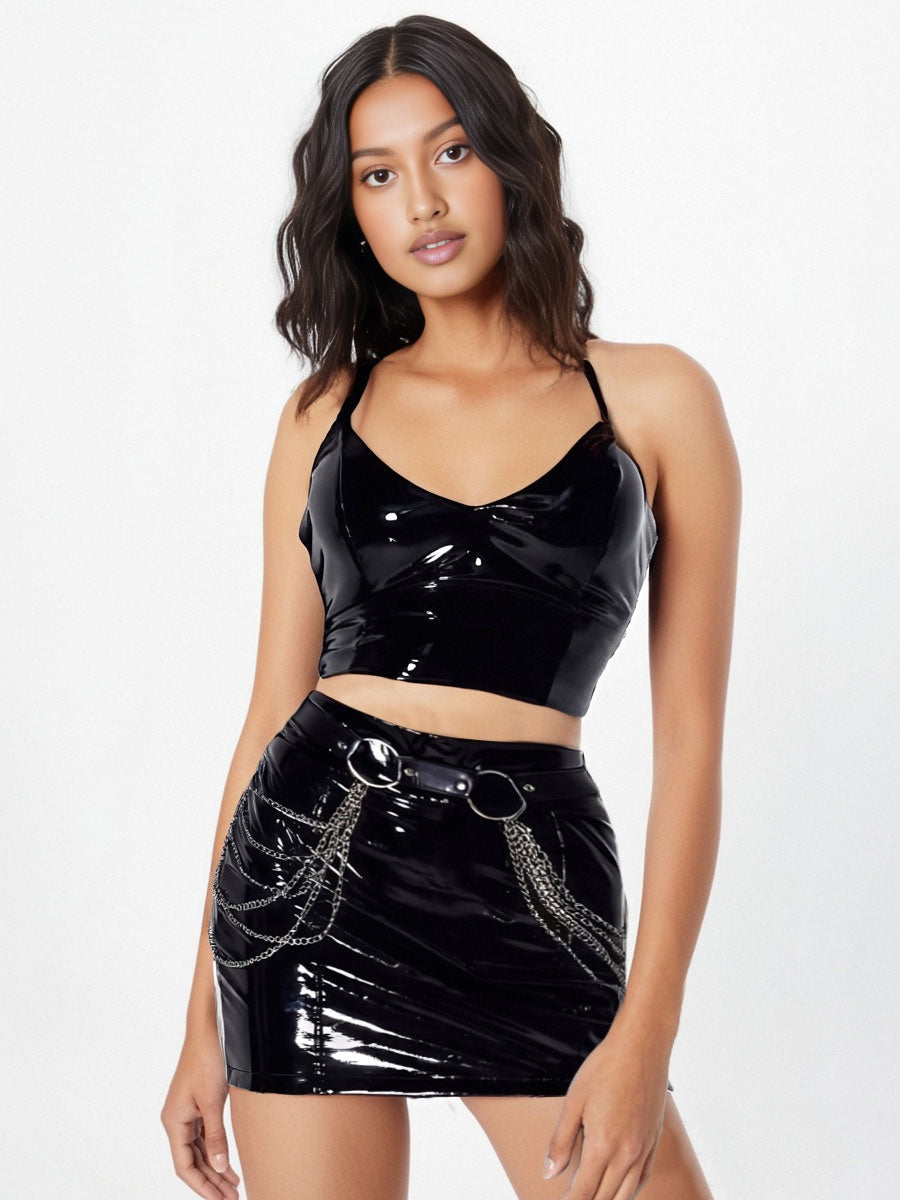 Black Faux Leather & Chains Clubwear Set