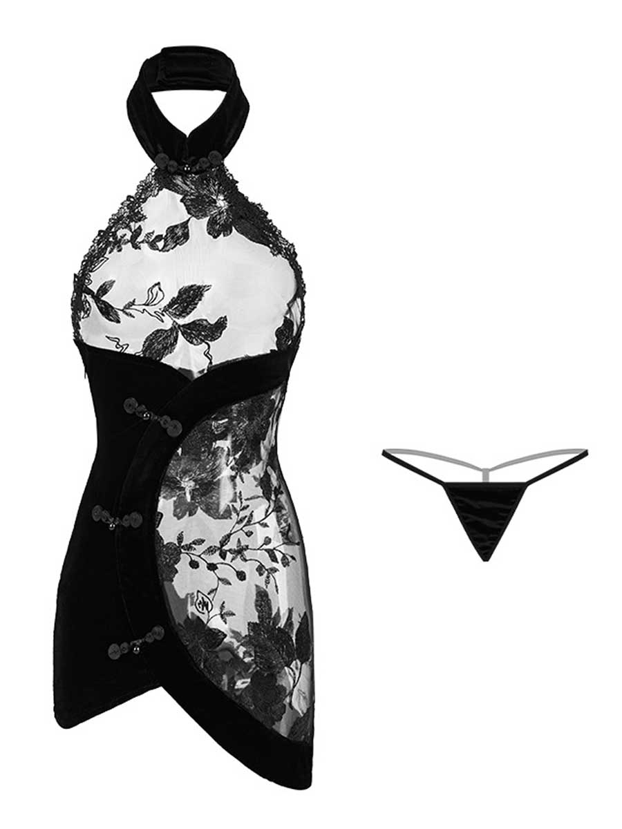 Floral Embroidery Chinese Style Lingerie Dress