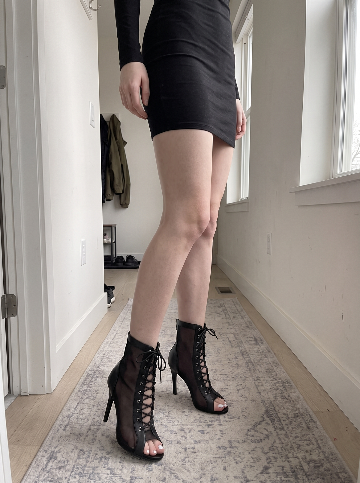 Sheer Mesh Lace-Up Stiletto Booties