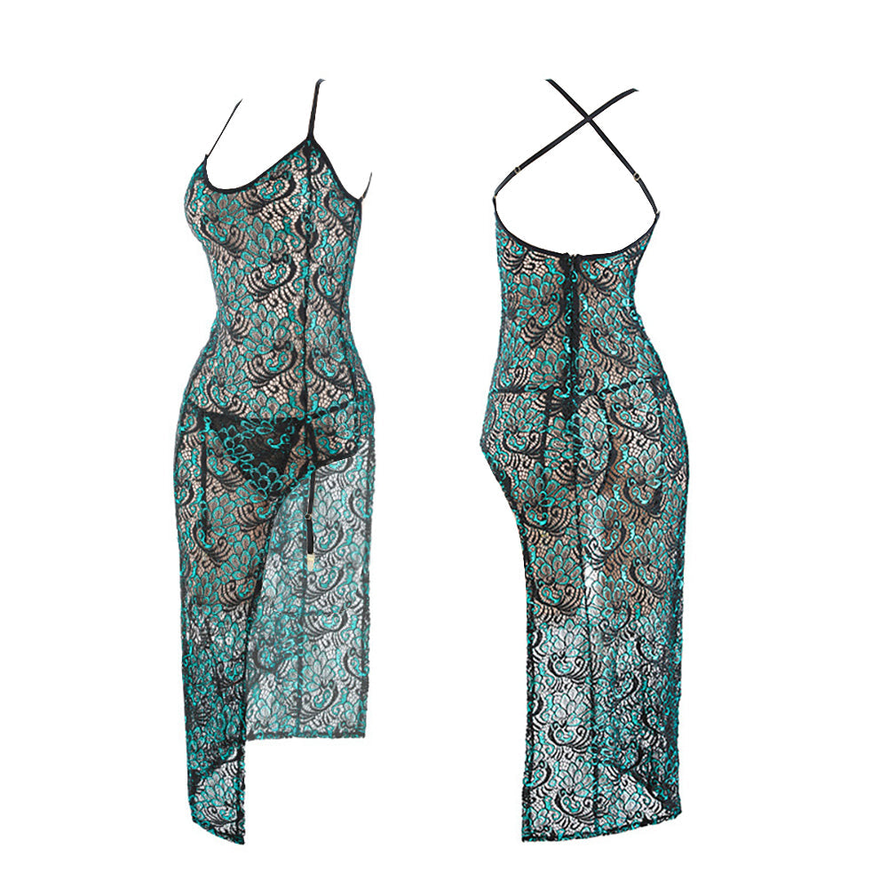 Hollow Cheongsam Dress Embroidery Peacock Lace Chemise Set Chinese Qipao Dress
