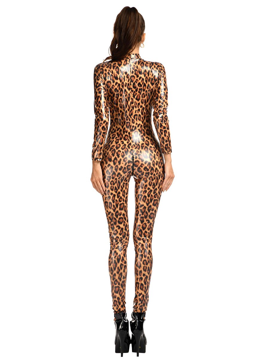 Latex Leopard Zipper Up Jumpsuit