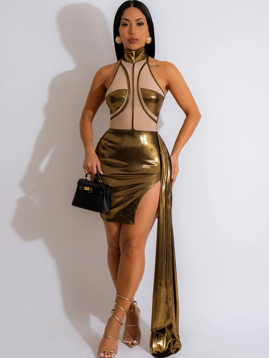 Halter Neck Metallic Mini Dress with Tail