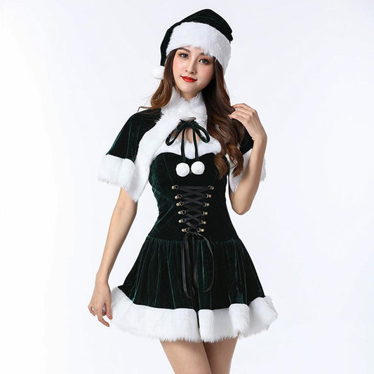 Naughty Elf Costume Set Adult Velvet Miss Santa Claus Christmas Dress with Shawl and Hat Party Outfits
