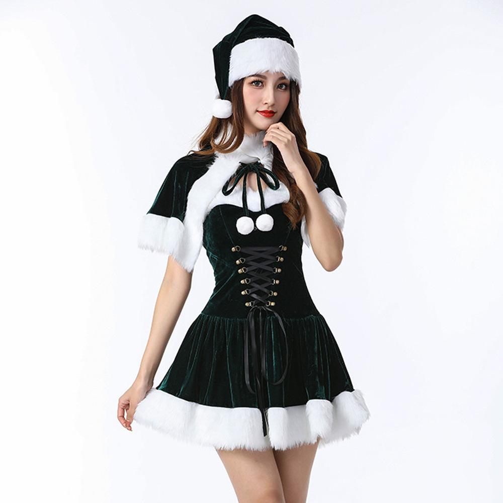 Naughty Elf Costume Set Adult Velvet Miss Santa Claus Christmas Dress with Shawl and Hat Party Outfits