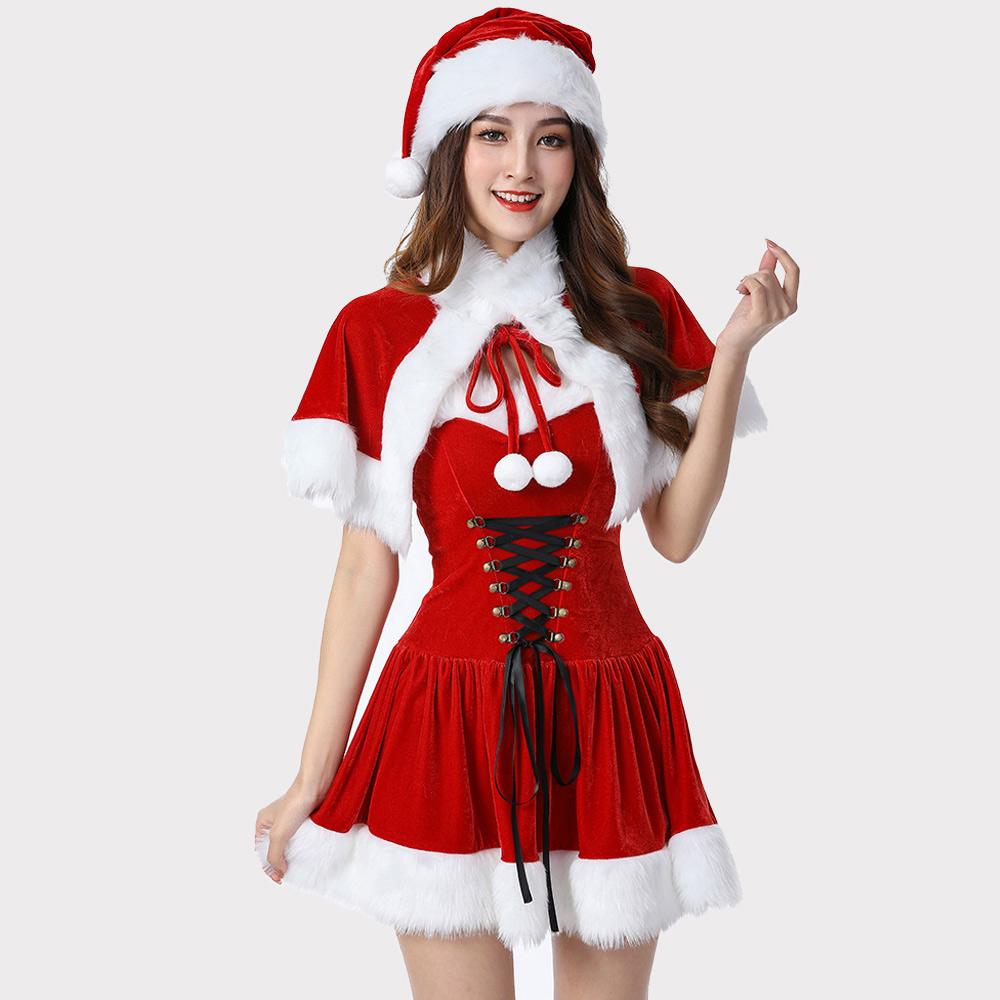 Naughty Elf Costume Set Adult Velvet Miss Santa Claus Christmas Dress with Shawl and Hat Party Outfits