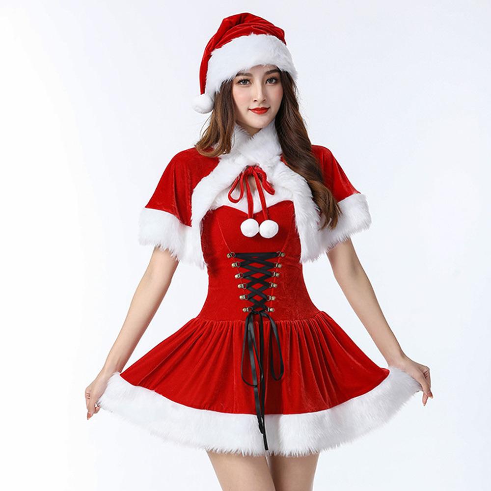 Naughty Elf Costume Set Adult Velvet Miss Santa Claus Christmas Dress with Shawl and Hat Party Outfits