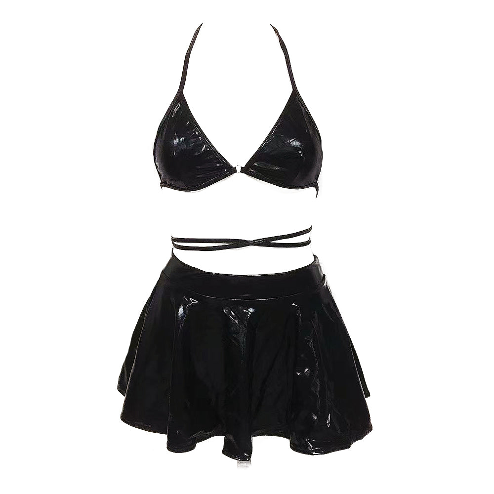 Metallic Rave Skirt Set for Women Sexy Music Festival Holographic Strappy Bikini with Mini Skirt 3 Piece Set