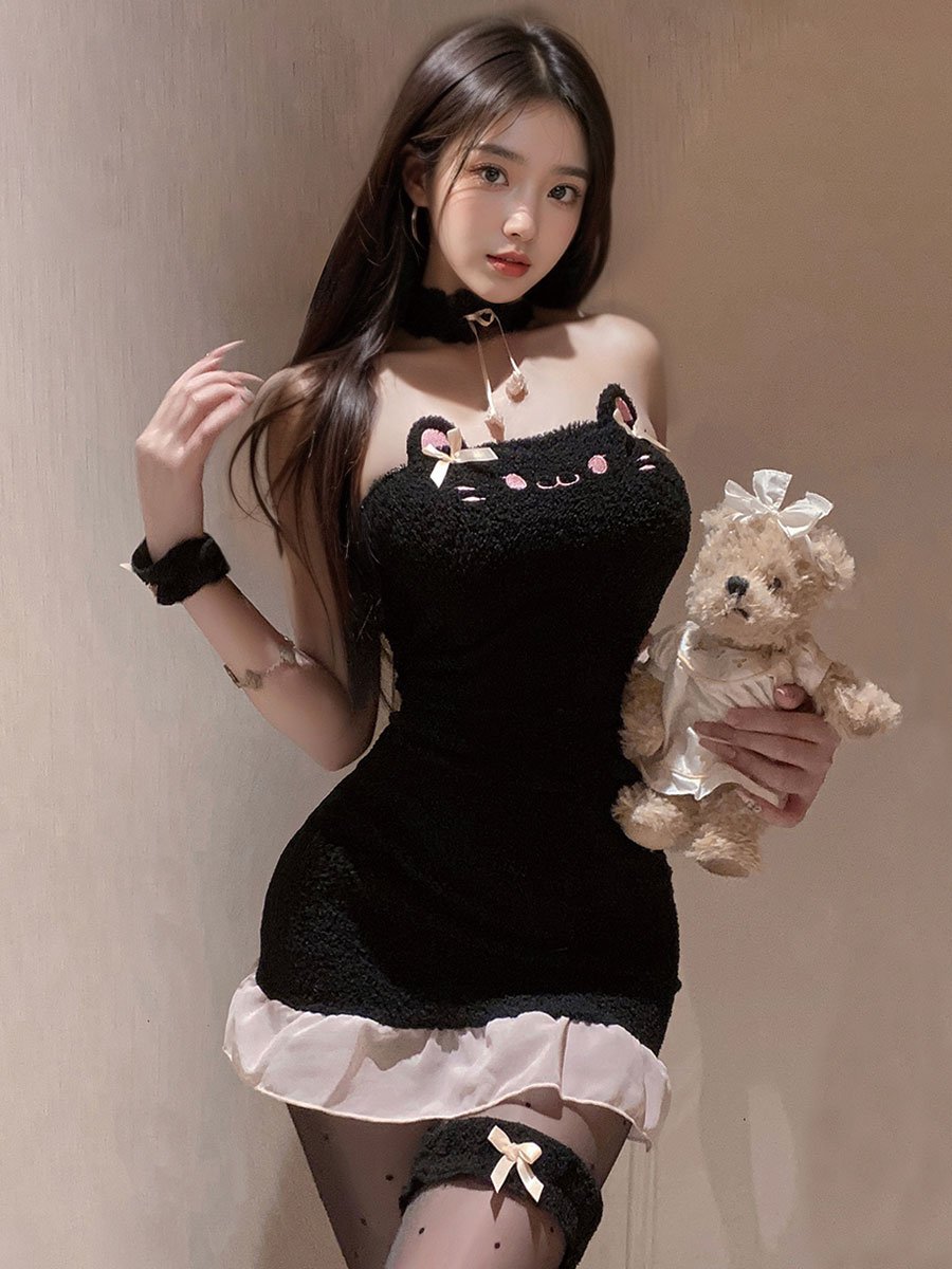 Plush Black Cat Lingerie Set