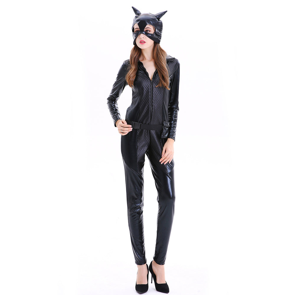 Adult Catwoman Outfit Black Batwoman Costume Wet Look Chest Cut Out Jumpsuit