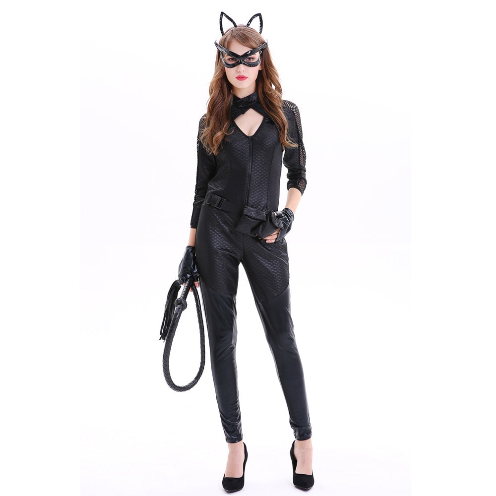 Adult Catwoman Outfit Black Batwoman Costume Wet Look Chest Cut Out Jumpsuit