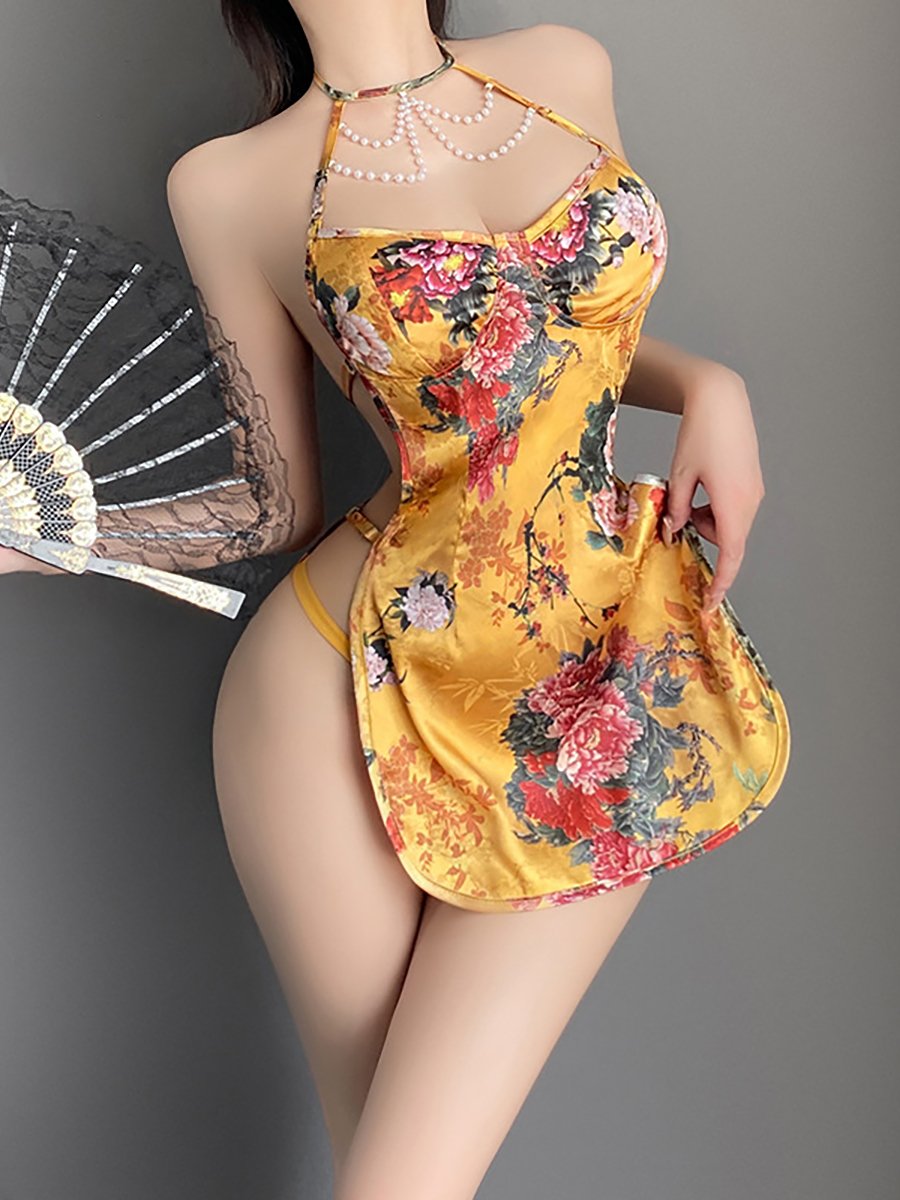 Satin Yellow Floral Chinese Style Dress