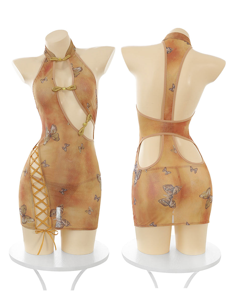 Vintage Butterfly Print Lace-Up Dress