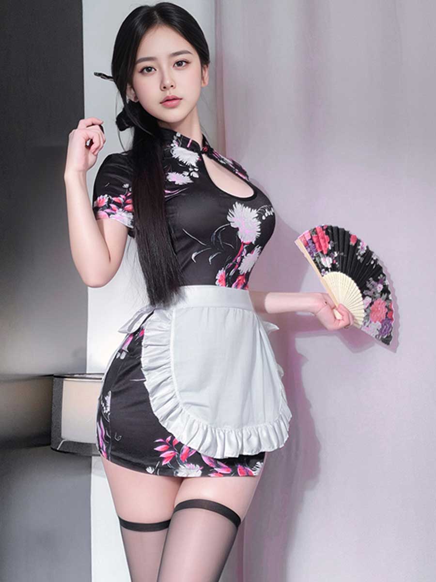 Floral Cheongsam Dress W/ Maid Apron