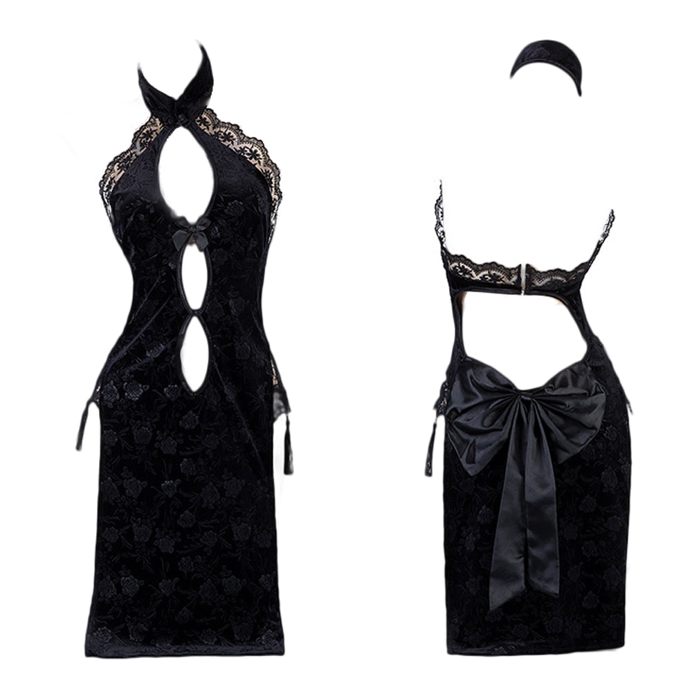 Sexy Cheongsam Dress for Women Cut Out Chinese Cosplay Lingerie High Slit Qipao Nightgowns