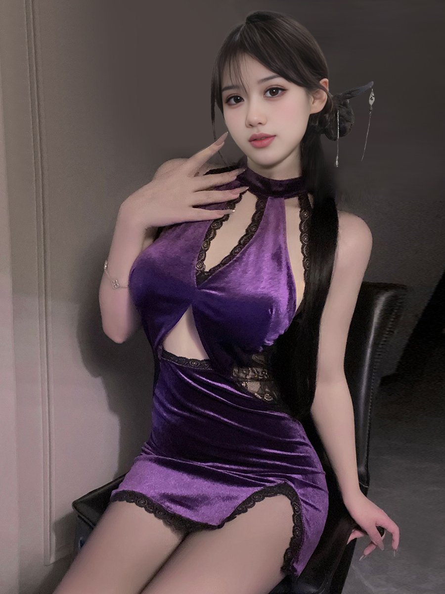 Purple Velvet Backless Cheongsam Dress
