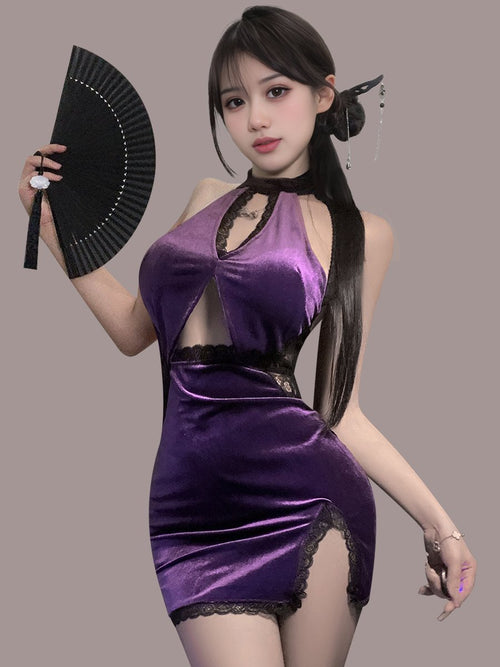 Purple Velvet Backless Cheongsam Dress