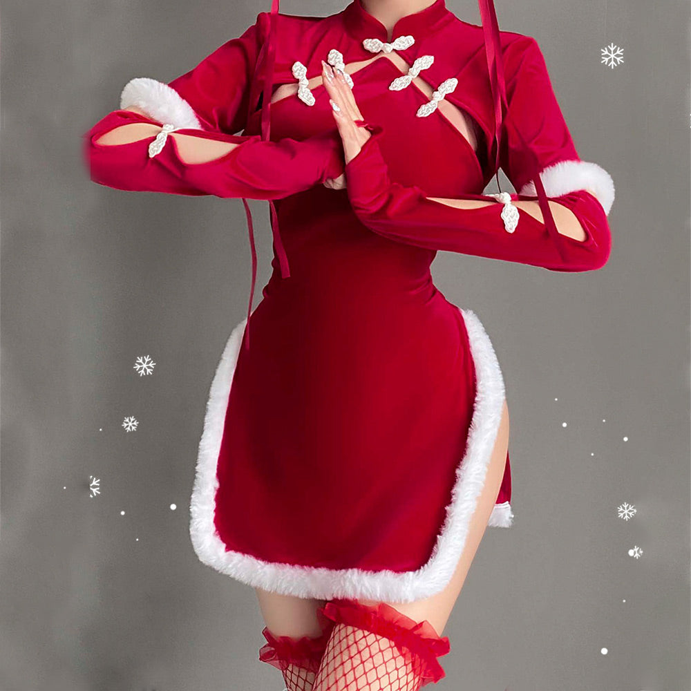Sexy Cheongsam Dress Red Velvet Cheongsam Lingerie Dress Chinese Split Dress