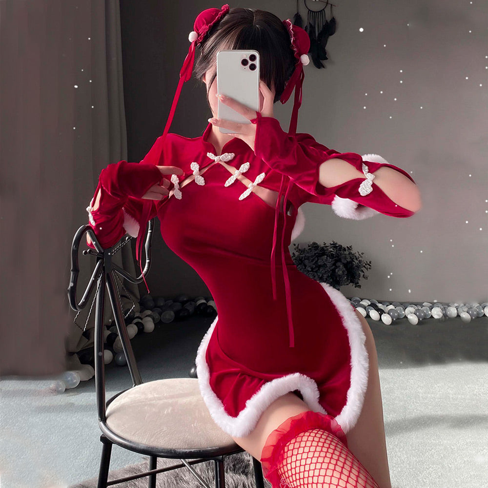 Sexy Cheongsam Dress Red Velvet Cheongsam Lingerie Dress Chinese Split Dress