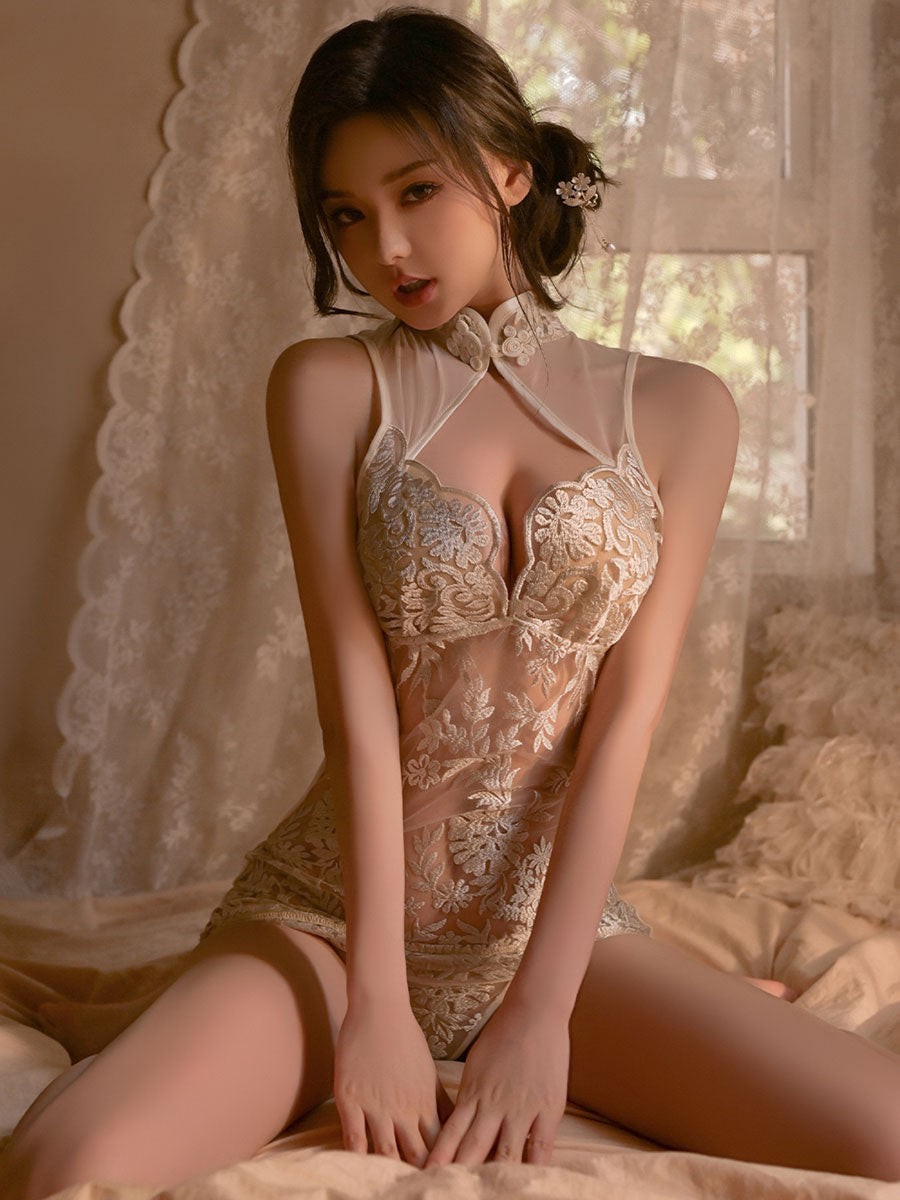 See Through Embroidered Floral Cheongsam