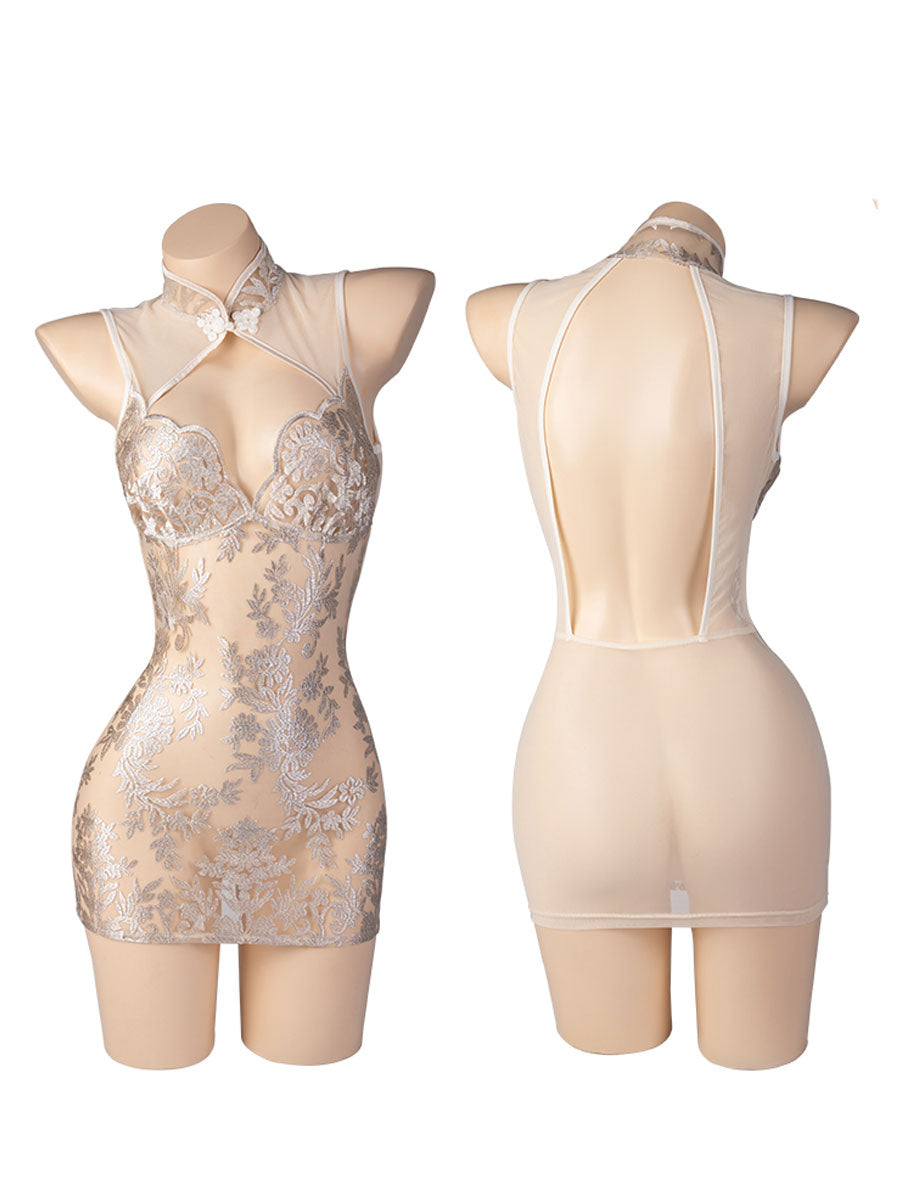 See Through Embroidered Floral Cheongsam