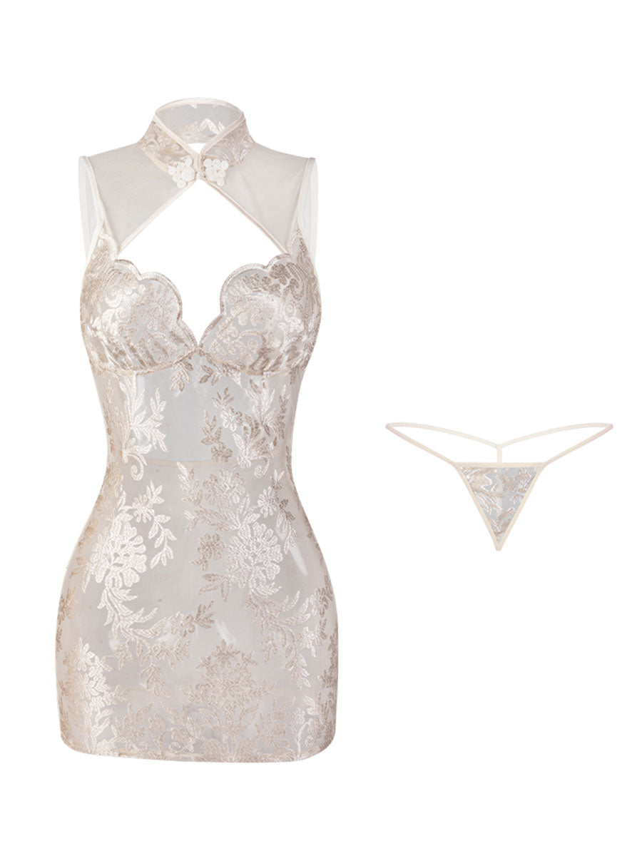 See Through Embroidered Floral Cheongsam