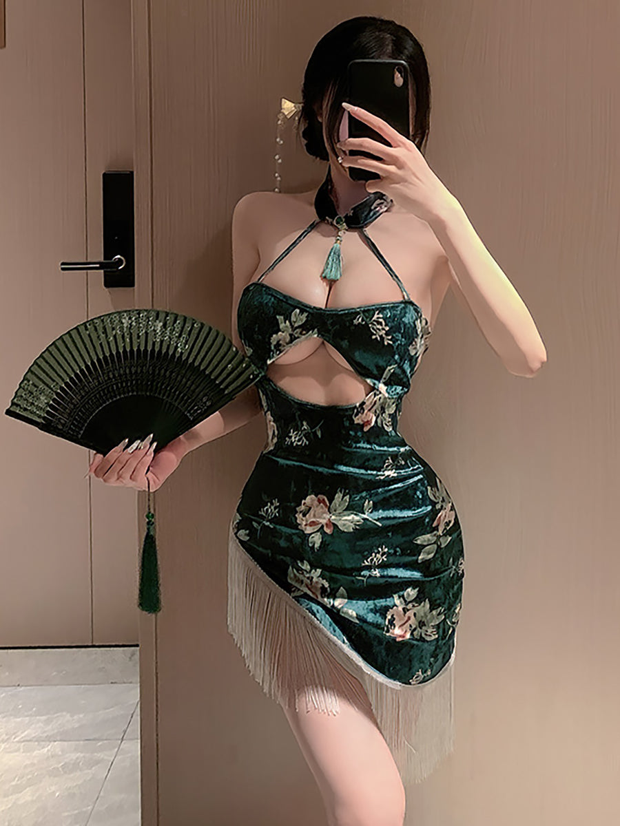 Asymmetrical Tassel Velvet Cheongsam