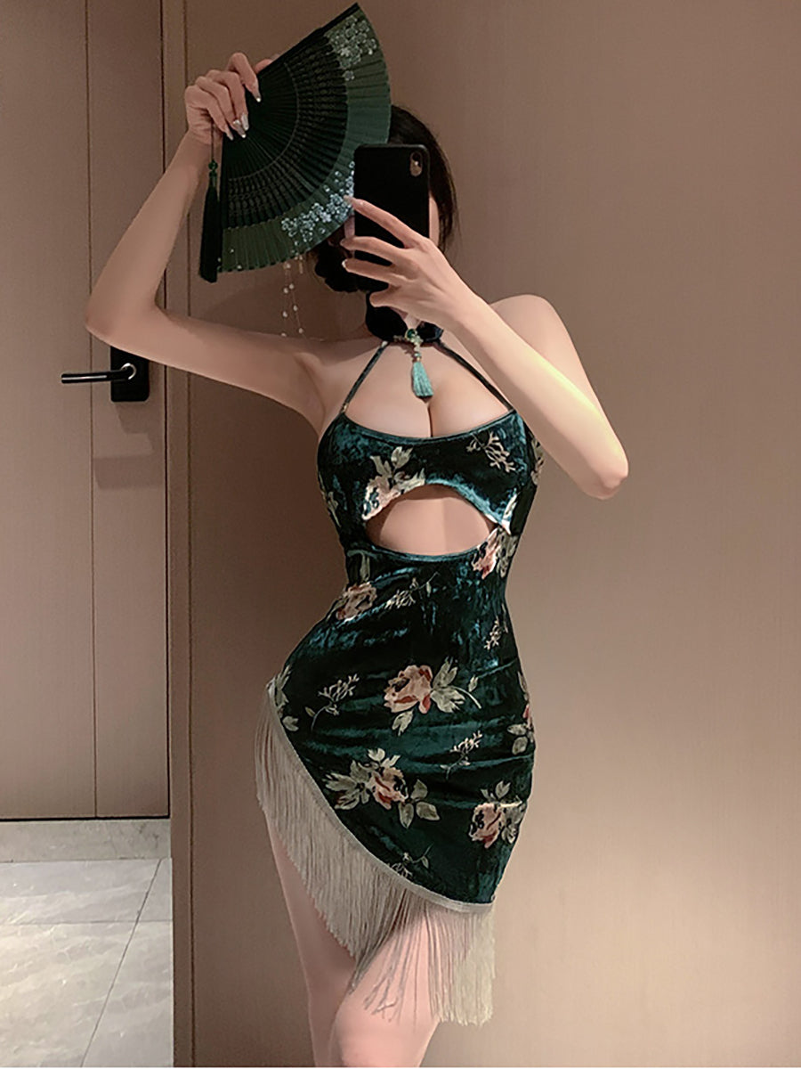 Asymmetrical Tassel Velvet Cheongsam