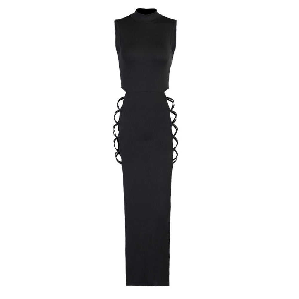 Sexy Crisscross Lace-up Cut Out Dresses for Women Mock Neck High Slit Bodycon Maxi Dress