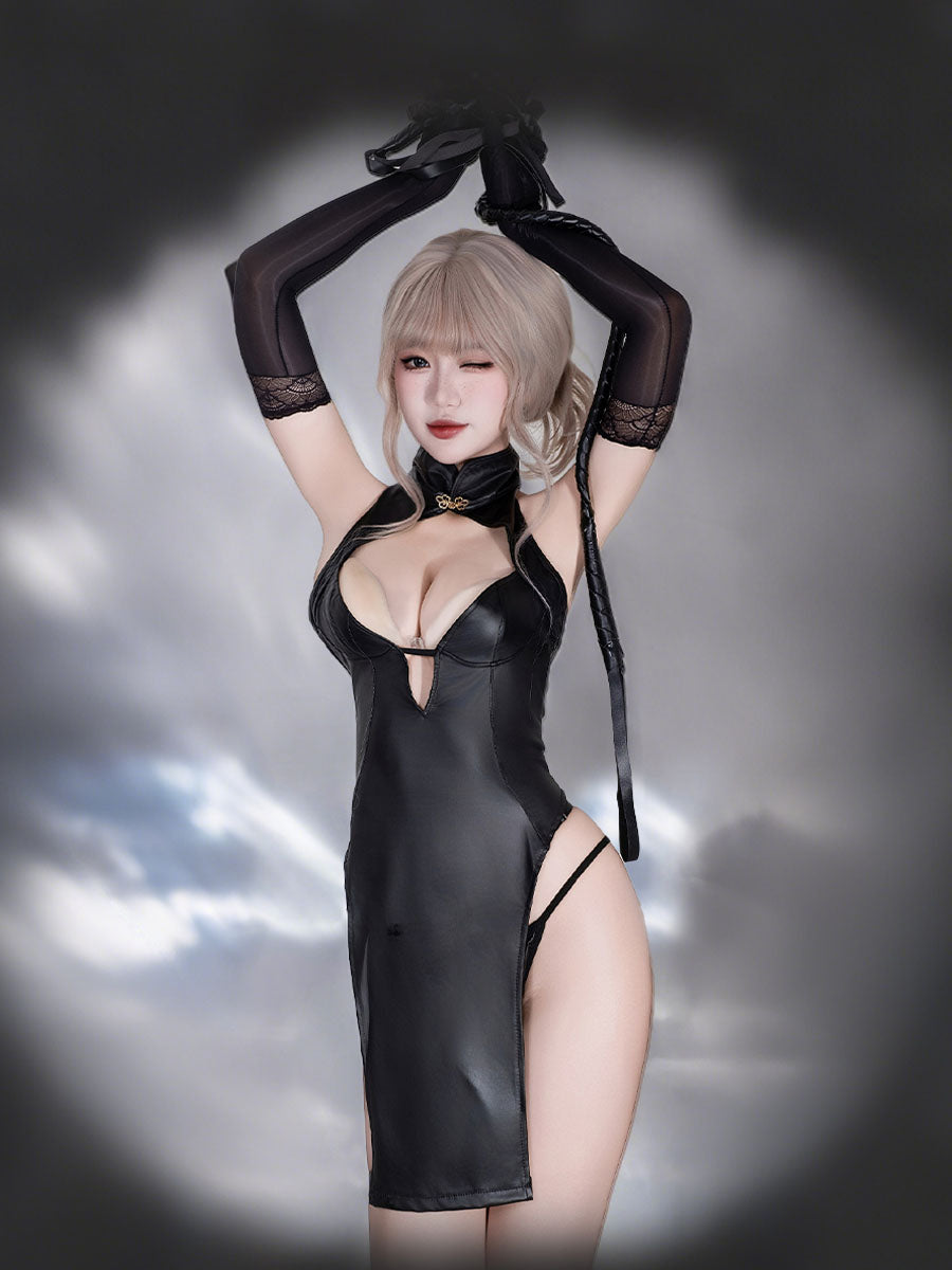 Faux Leather Cheongsam Dress