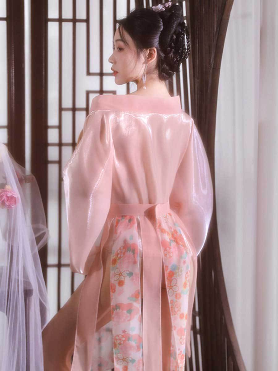 Sheer Mesh Kimono Robe W/ Draping Skirt