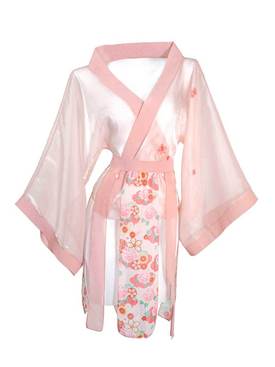 Sheer Mesh Kimono Robe W/ Draping Skirt