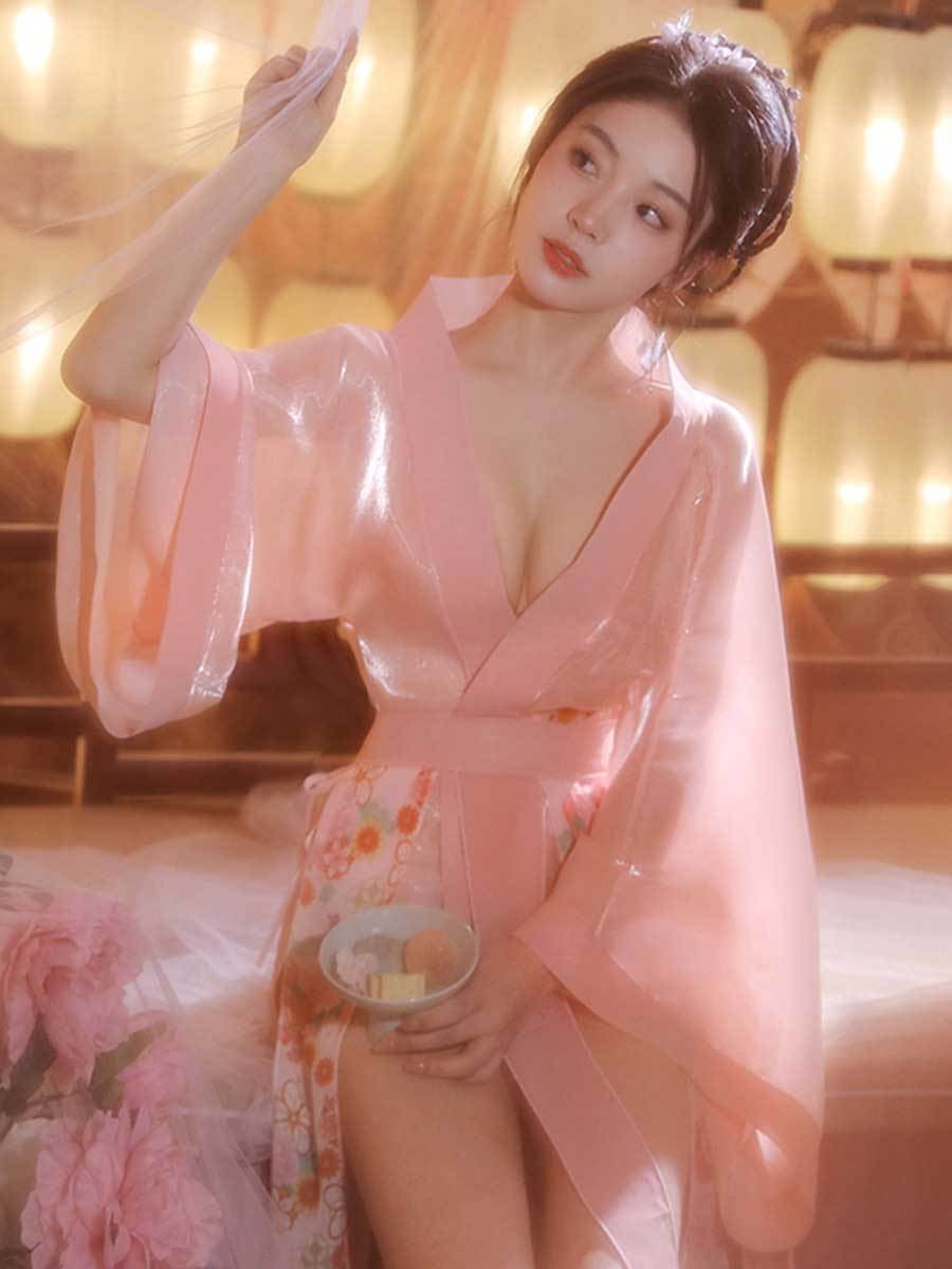 Sheer Mesh Kimono Robe W/ Draping Skirt