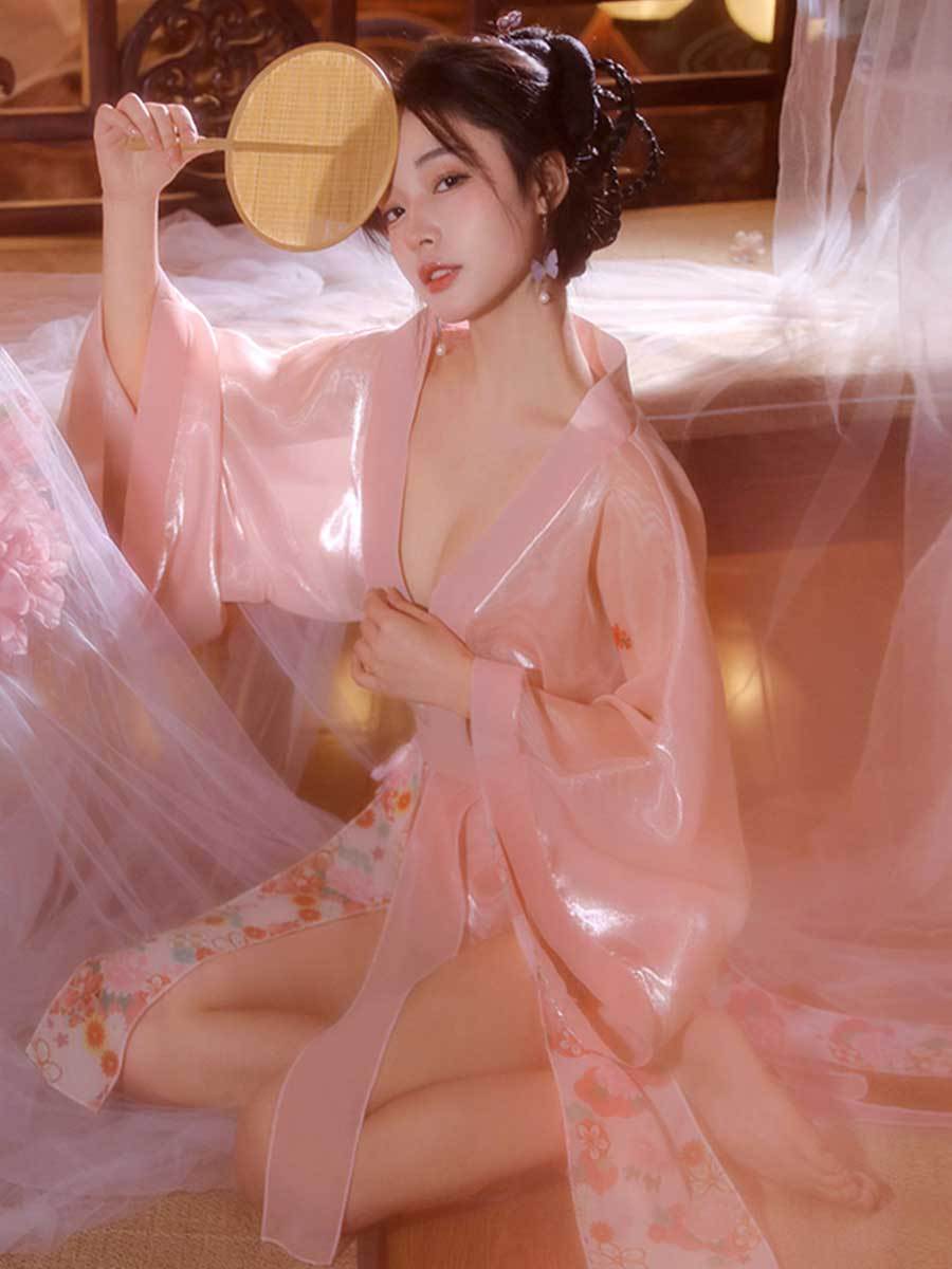 Sheer Mesh Kimono Robe W/ Draping Skirt