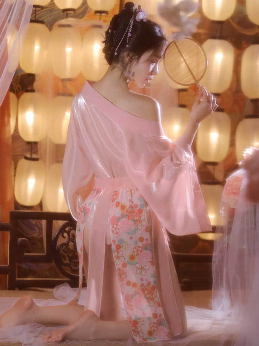 Sheer Mesh Kimono Robe W/ Draping Skirt