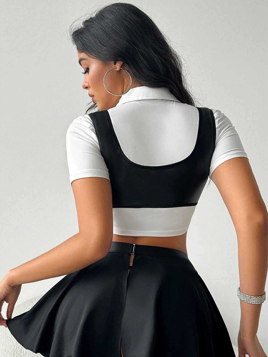 Faux Leather Preppy Style Skirt Set
